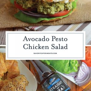 Pesto Avocado Chicken Salad swaps out the heavy mayonnaise for creamy avocado. Pesto adds flavor and lime juice brightens shredded chicken from precooked rotisserie chicken. #healthychickensalad #avocadochickensalad #easychickensalad www.savoryexperiments.com