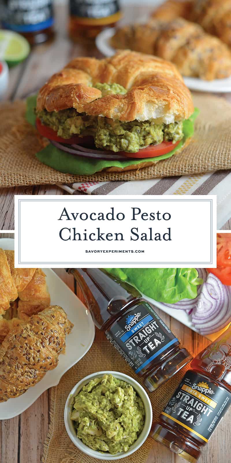 Pesto Avocado Chicken Salad swaps out the heavy mayonnaise for creamy avocado. Pesto adds flavor and lime juice brightens shredded chicken from precooked rotisserie chicken. #healthychickensalad #avocadochickensalad #easychickensalad www.savoryexperiments.com