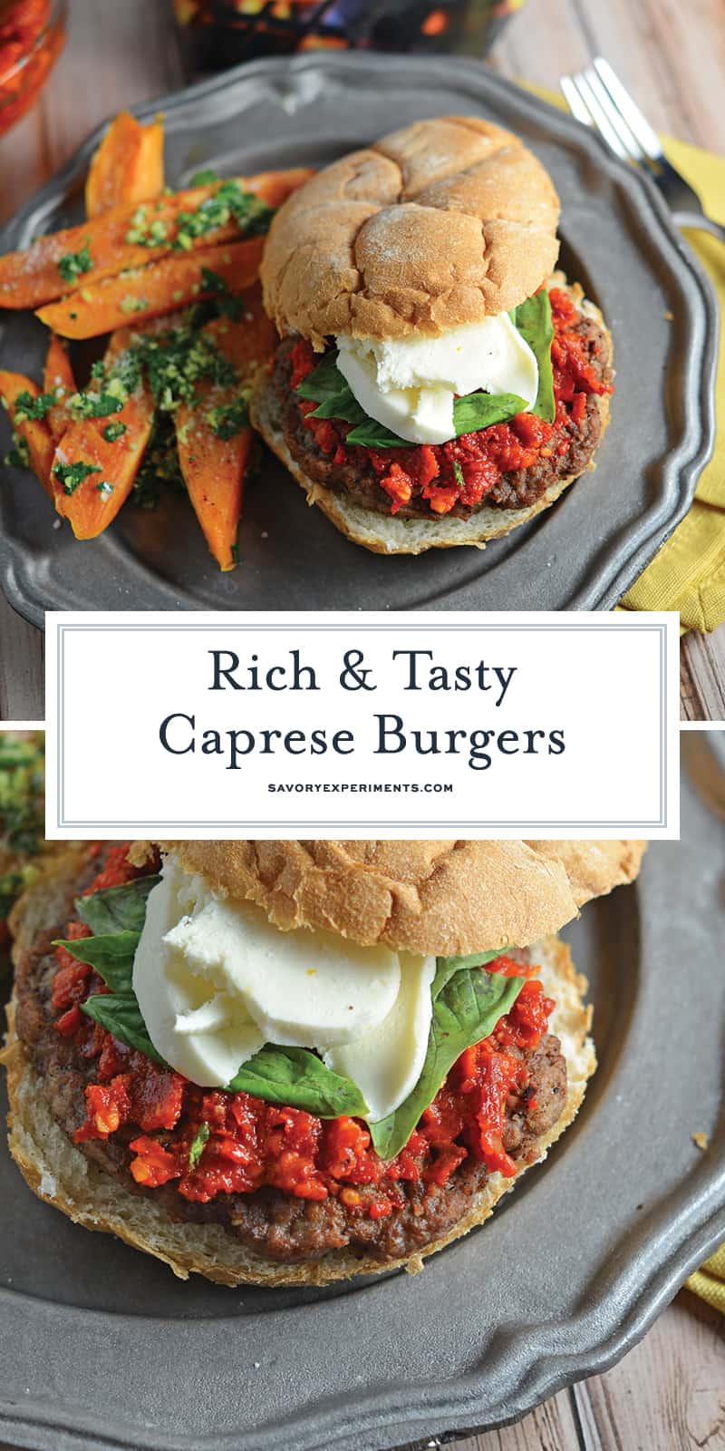 Caprese Burgers are smothered with a red pesto, fresh mozzarella and basil all on a flame-grilled burger. The best gourmet burger out there! #capreseburgers #gourmetburgers www.savoryexperiments.com