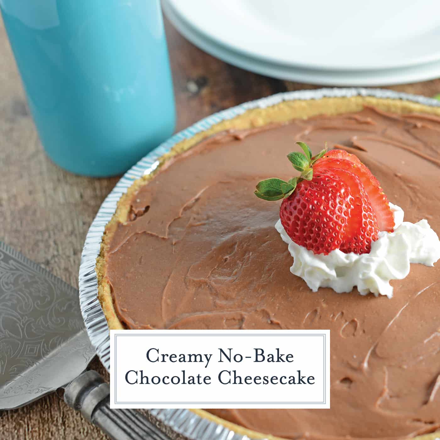Using a premade crust, the ultra creamy No-Bake Chocolate Cheesecake uses just 5 ingredients and takes minutes to prepare. Make ahead and take to your next party! #nobakedesserts #chocolatecheesecake #nobakecheesecake www.savoryexperiments.com