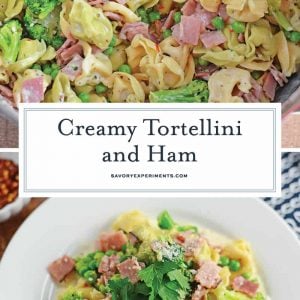Creamy Tortellini and Ham uses an easy alfredo sauce recipe with cubed ham, peas, broccoli and seasonings to make a 20 minute one-pot meal! #onepotmeals #easytortellinirecipe www.savoryexperiments.com