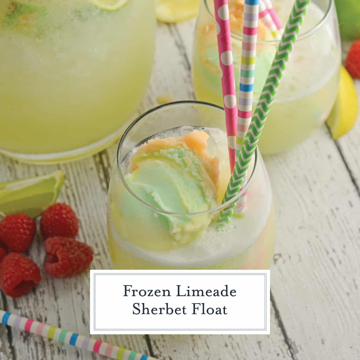 Frozen Limeade Sherbet Floats- a refreshing summer drink perfect for parties and BBQs! Cool limeade blended with ice and topped with a heaping scoop of rainbow sherbet! Perfect for kids, but an adult option available. #sherbetfloats #limeade www.savoryexperiments.com