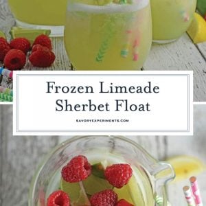 Frozen Limeade Sherbet Floats- a refreshing summer drink perfect for parties and BBQs! Cool limeade blended with ice and topped with a heaping scoop of rainbow sherbet! Perfect for kids, but an adult option available. #sherbetfloats #limeade www.savoryexperiments.com