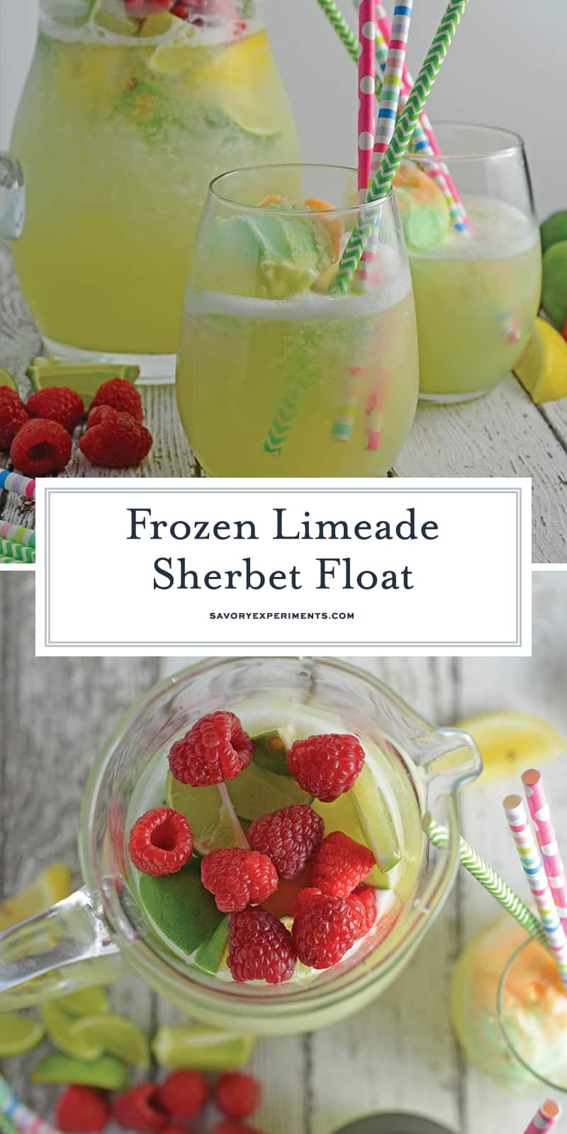 Frozen Limeade Sherbet Floats- a refreshing summer drink perfect for parties and BBQs! Cool limeade blended with ice and topped with a heaping scoop of rainbow sherbet! Perfect for kids, but an adult option available. #sherbetfloats #limeade www.savoryexperiments.com