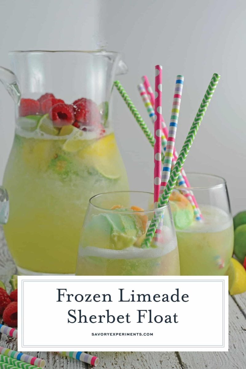 Frozen Limeade Sherbet Floats- a refreshing summer drink perfect for parties and BBQs! Cool limeade blended with ice and topped with a heaping scoop of rainbow sherbet! Perfect for kids, but an adult option available. #sherbetfloats #limeade www.savoryexperiments.com