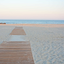 A sandy beach next to the ocean