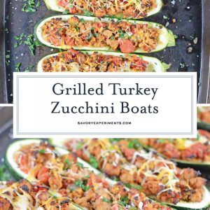 Turkey stuffed zucchini makes the perfect healthy dinner! One of the best zucchini recipes I’ve ever made. #groundturkeyrecipes #grilledzuchhini www.savoryexperiments.com