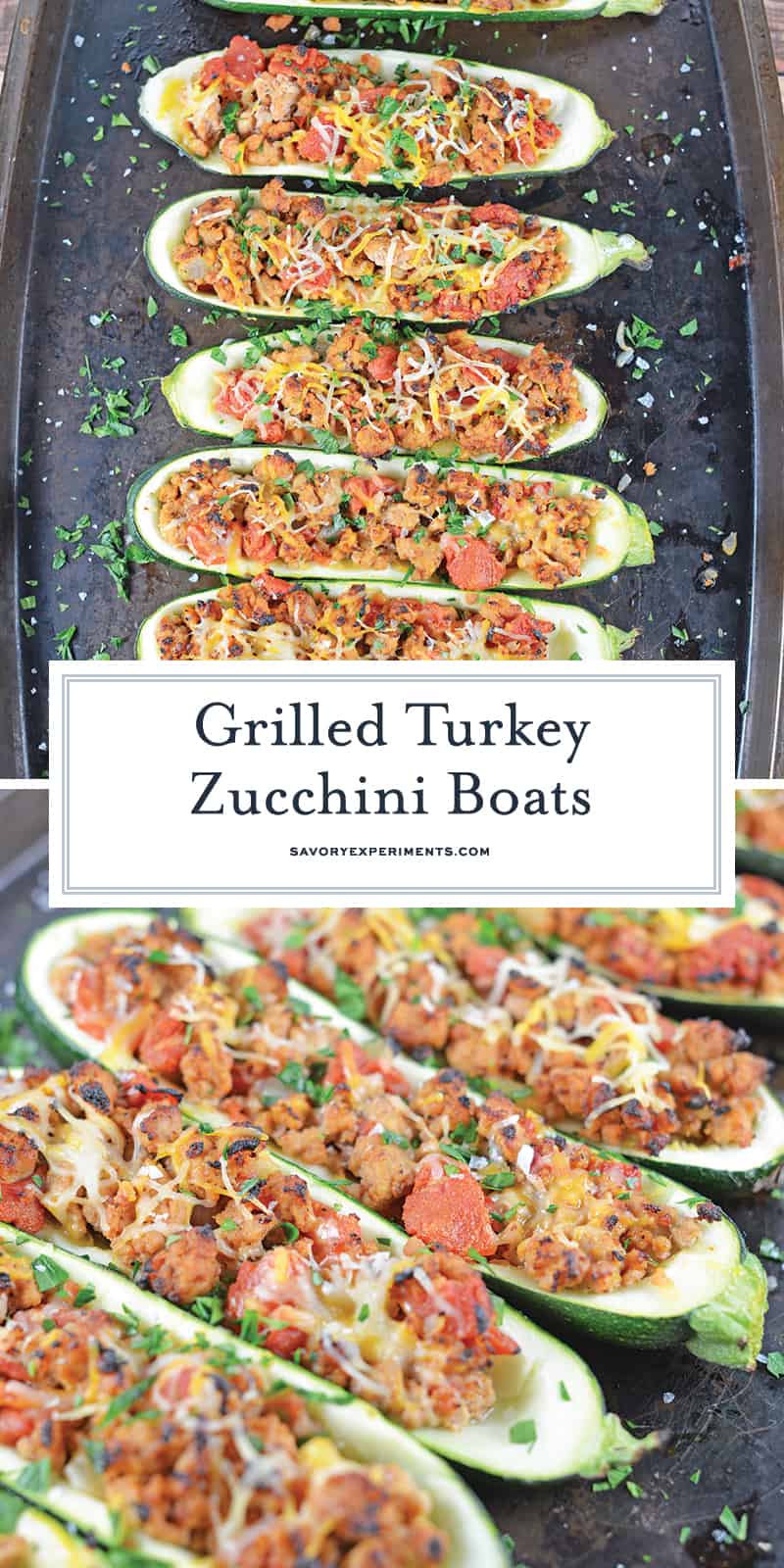 Turkey stuffed zucchini makes the perfect healthy dinner! One of the best zucchini recipes I’ve ever made. #groundturkeyrecipes #grilledzuchhini www.savoryexperiments.com 