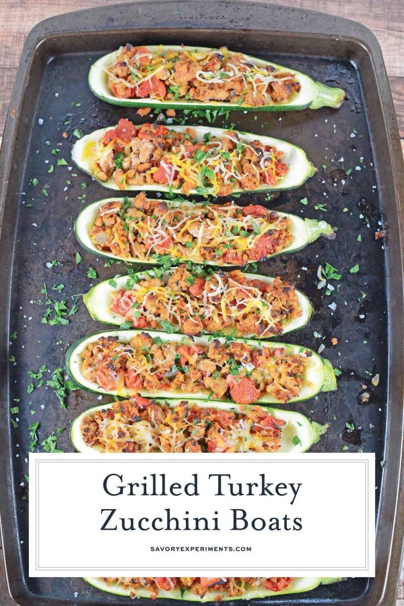 Turkey stuffed zucchini makes the perfect healthy dinner! One of the best zucchini recipes I’ve ever made. #groundturkeyrecipes #grilledzuchhini www.savoryexperiments.com