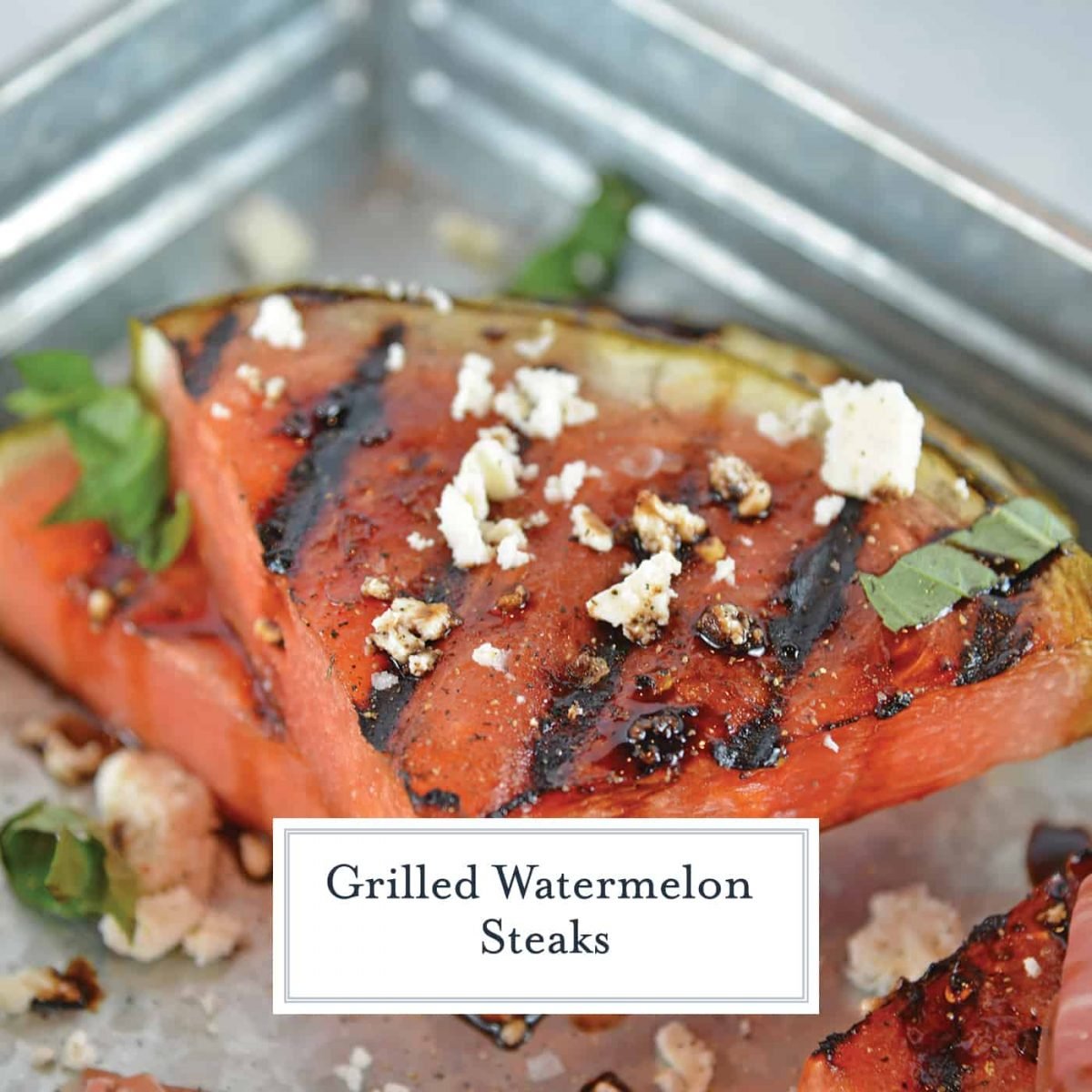 Grilled Watermelon Steaks with balsamic reduction and feta cheese are an easy BBQ side dish. Caramelized, juicy watermelon with savory cheese and sticky reduction is delicious! #grilledwatermelon #watermelonrecipes www.savoryexperiments.com