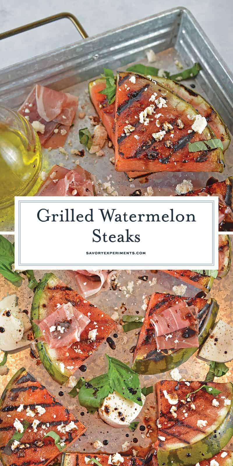 Grilled Watermelon Steaks with balsamic reduction and feta cheese are an easy BBQ side dish. Caramelized, juicy watermelon with savory cheese and sticky reduction is delicious! #grilledwatermelon #watermelonrecipes www.savoryexperiments.com 