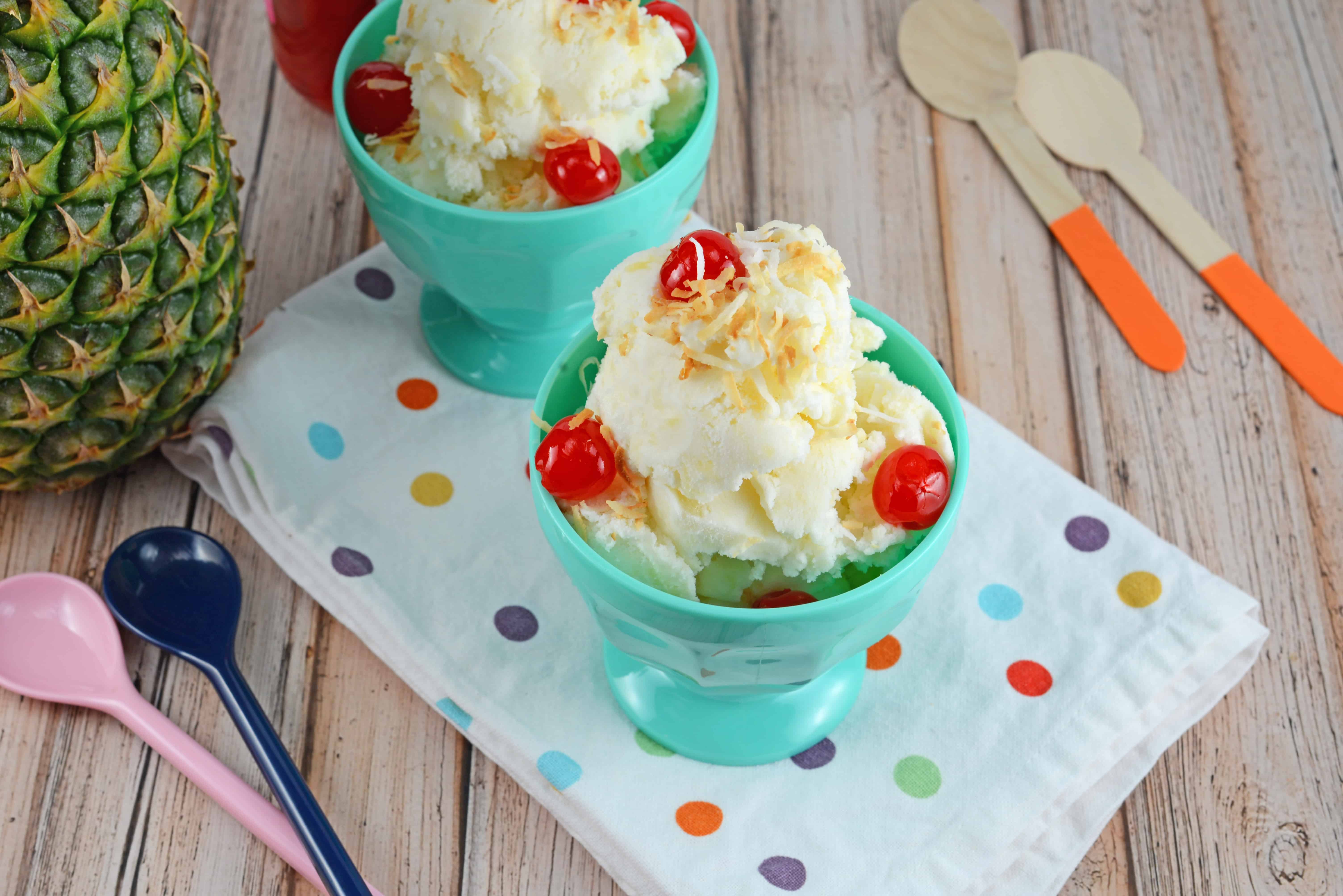Piña Colada Ice Cream - Homemade Ice Cream Recipe 4 pina colada ice cream in a teal ice cream bowl with cherries