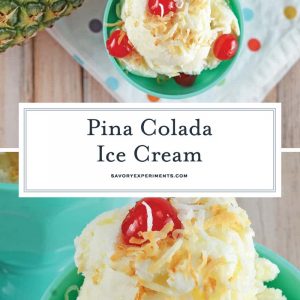 Make your favorite frozen drink into tropical Piña Colada Ice Cream! Loads of coconut and pineapple will have you feeling like you are on vacation. #icecreamrecipes #pinacoladaicecream #icecreammakerrecipe www.savoryexperiments.com