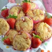 Strawberry Cream Cheese Muffins-- like eating strawberries 'n cream cupcakes for breakfast!! Strawberry shortcake, in a muffin, super moist and creamy using fresh or frozen strawberries. www.savoryexperiments.com