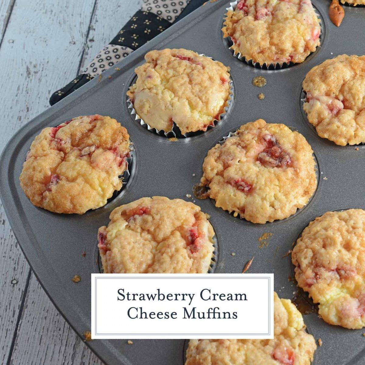 Strawberry Cream Cheese Muffins are soft muffins using fresh strawberries, rich cream cheese and a brown sugar streusel topping. #homemademuffins #strawberrycreamcheesemuffins #strawberrymuffins www.savoryexperiments.com