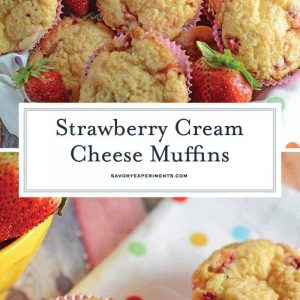 Strawberry Cream Cheese Muffins are soft muffins using fresh strawberries, rich cream cheese and a brown sugar streusel topping. #homemademuffins #strawberrycreamcheesemuffins #strawberrymuffins www.savoryexperiments.com