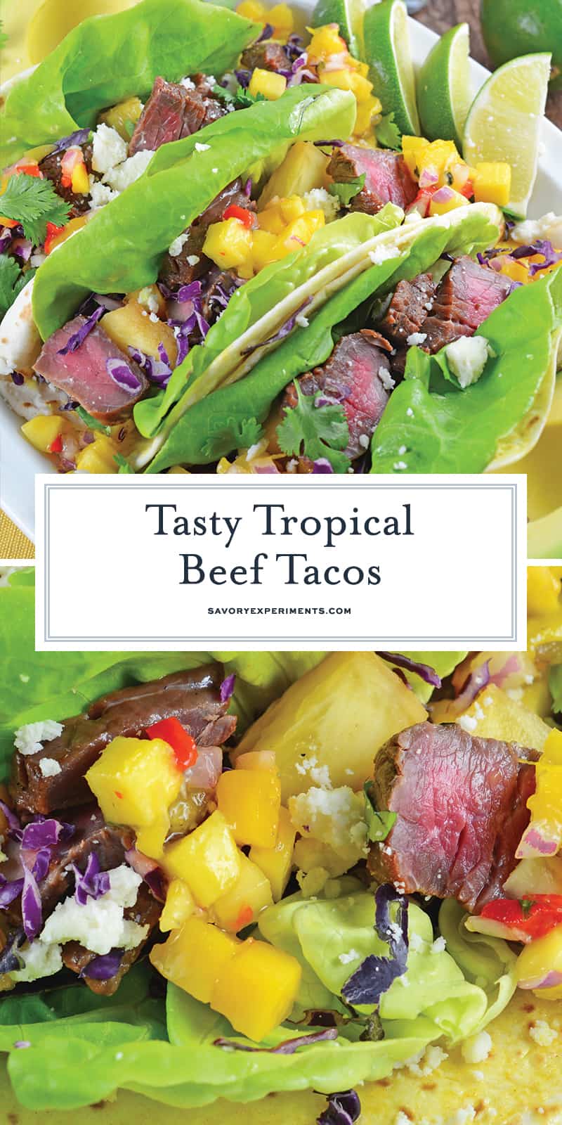 Tropical Beef Tacos use seasoned strip steak with mango salsa and queso fresco. Plus one secret for out-of-this-world tacos! #softtacos #beeftacos #streettacos www.savoryexperiments.com