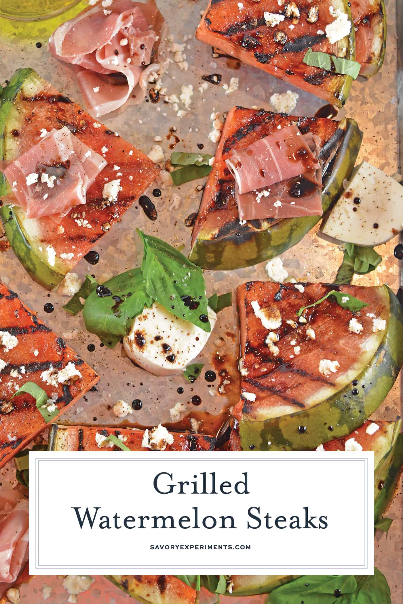 Grilled Watermelon Steaks with balsamic reduction and feta cheese are an easy BBQ side dish. Caramelized, juicy watermelon with savory cheese and sticky reduction is delicious! #grilledwatermelon #watermelonrecipes www.savoryexperiments.com
