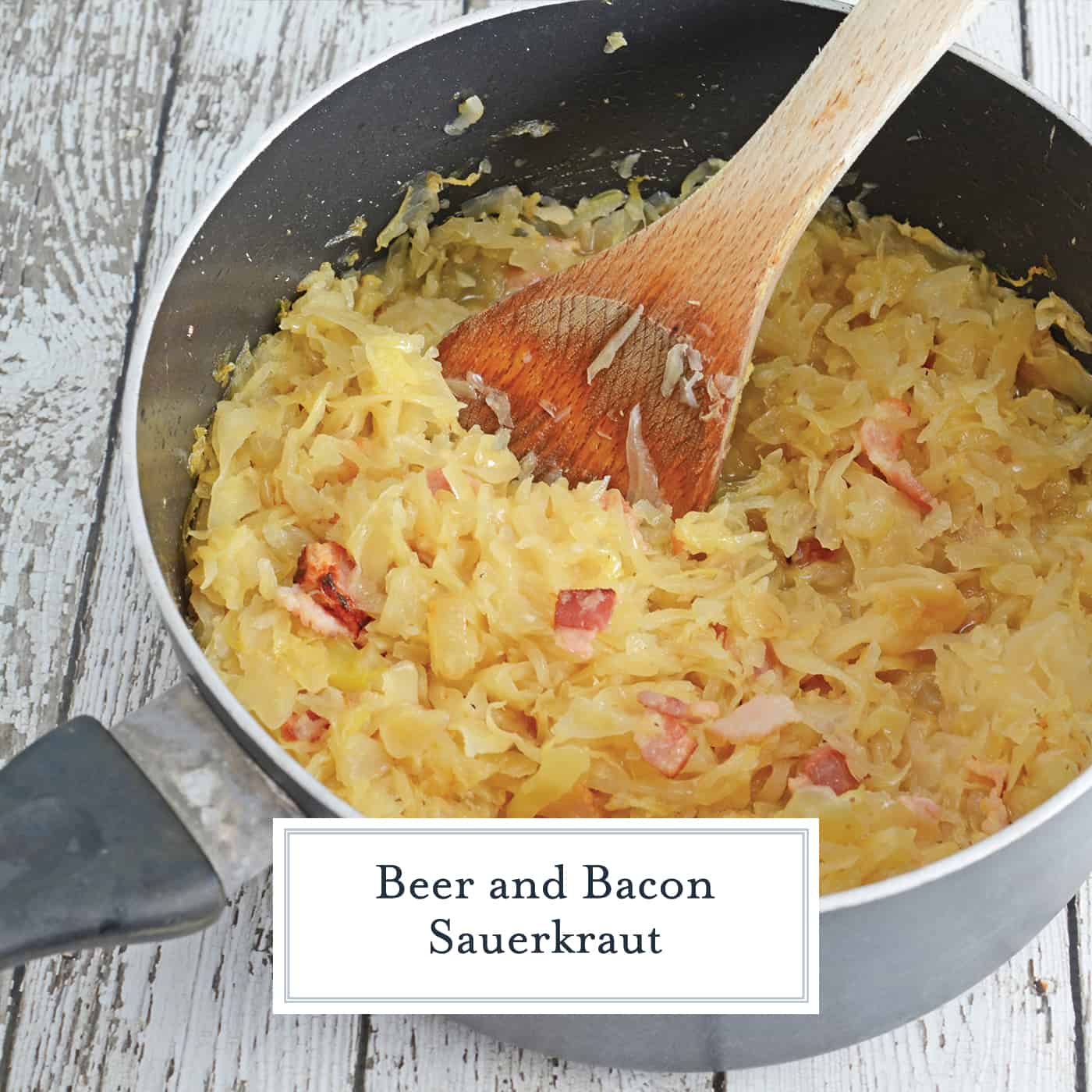 Beer and Bacon Sauerkraut is made from drained sauerkraut reconstituted with the flavors of beer and bacon. Top on hamburgers or hot dogs. #homemadesauerkraut #sauerkrautrecipe www.savoryexperiments.com