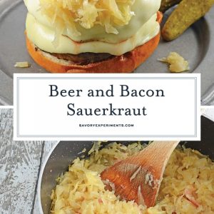 Beer and Bacon Sauerkraut is made from drained sauerkraut reconstituted with the flavors of beer and bacon. Top on hamburgers or hot dogs. #homemadesauerkraut #sauerkrautrecipe www.savoryexperiments.com