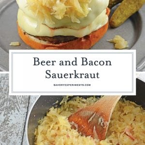 Beer and Bacon Sauerkraut is made from drained sauerkraut reconstituted with the flavors of beer and bacon. Top on hamburgers or hot dogs. #homemadesauerkraut #sauerkrautrecipe www.savoryexperiments.com