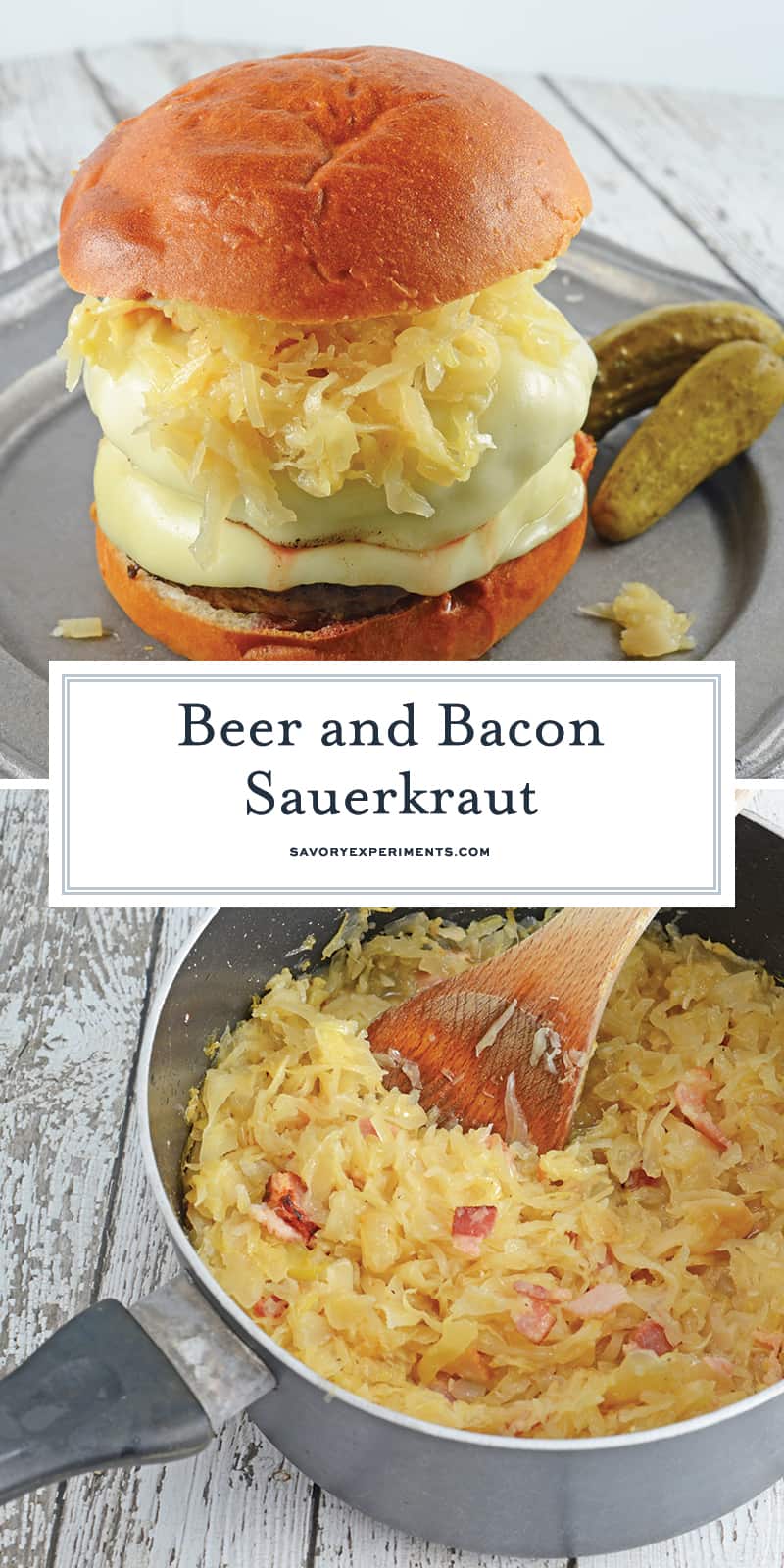 Beer and Bacon Sauerkraut is made from drained sauerkraut reconstituted with the flavors of beer and bacon. Top on hamburgers or hot dogs. #homemadesauerkraut #sauerkrautrecipe www.savoryexperiments.com