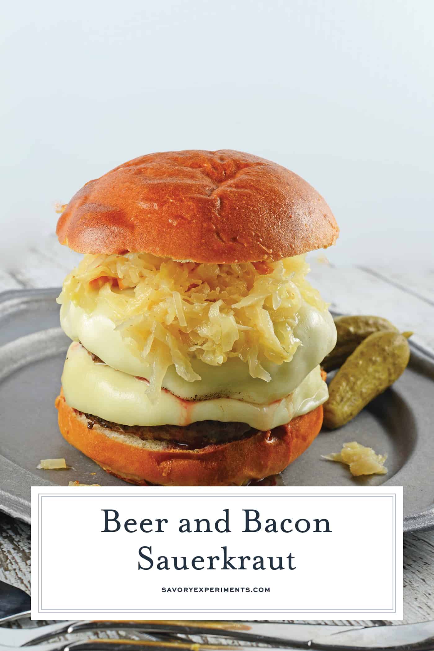 Beer and Bacon Sauerkraut is made from drained sauerkraut reconstituted with the flavors of beer and bacon. Top on hamburgers or hot dogs. #homemadesauerkraut #sauerkrautrecipe www.savoryexperiments.com