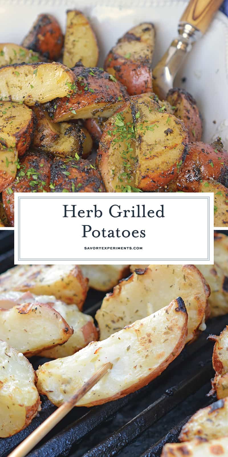 Herb Grilled Potatoes uses miracle whip and a handful of spices to keep those spuds nice and moist with loads of flavor! Make this easy side dish today! #grilledpotatoes #grilledpotatowedges www.savoryexperiments.com