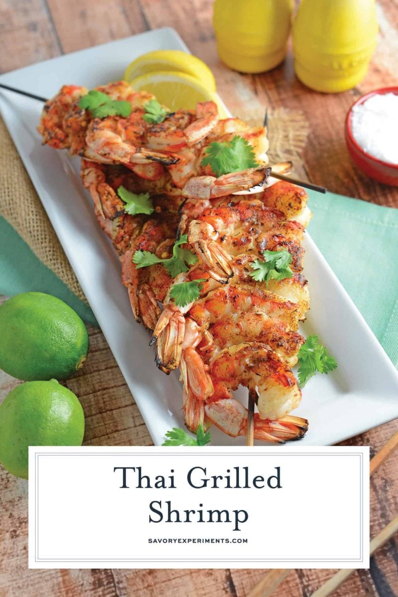 Thai Grilled Shrimp is an easy and healthy dinner idea, using coconut milk, Thai seasoning, and lime juice. It comes together in a snap!#grilledshrimpskewers #grilledshrimpkabobs www.savoryexperiments.com