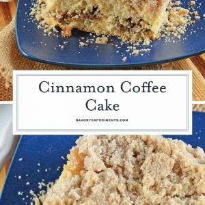 This is a classic Cinnamon Coffee Cake. Cinnamon streusel topping and a ribbon of brown sugar filling make this moist cake perfect for breakfast or brunch. #cinnamoncoffeecake #bestcoffeecake www.savoryexperiments.com