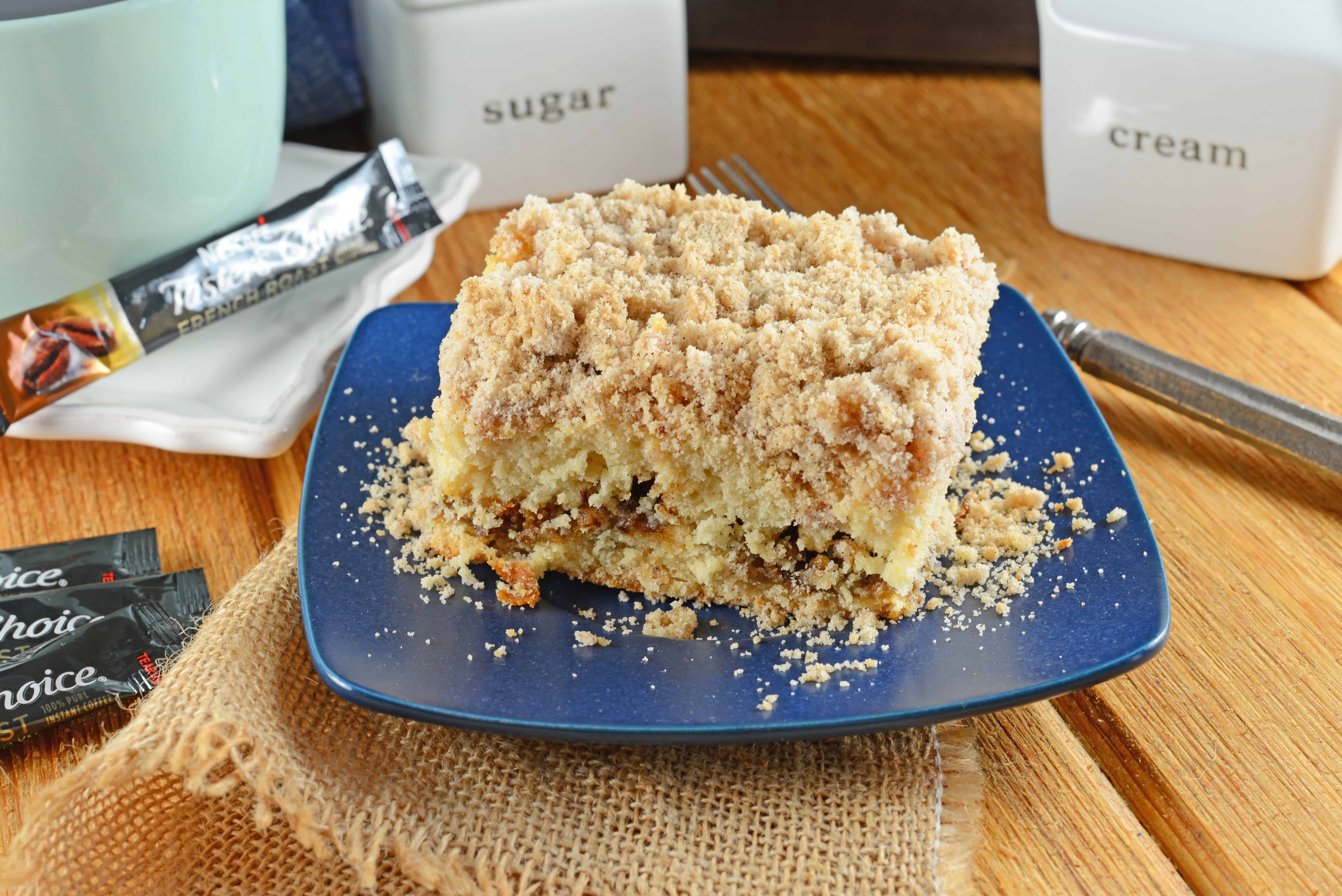 This is a classic Coffee Cake Recipe. Cinnamon streusel topping and a ribbon of brown sugar filling make this moist cake perfect for breakfast, brunch or serving with afternoon tea.