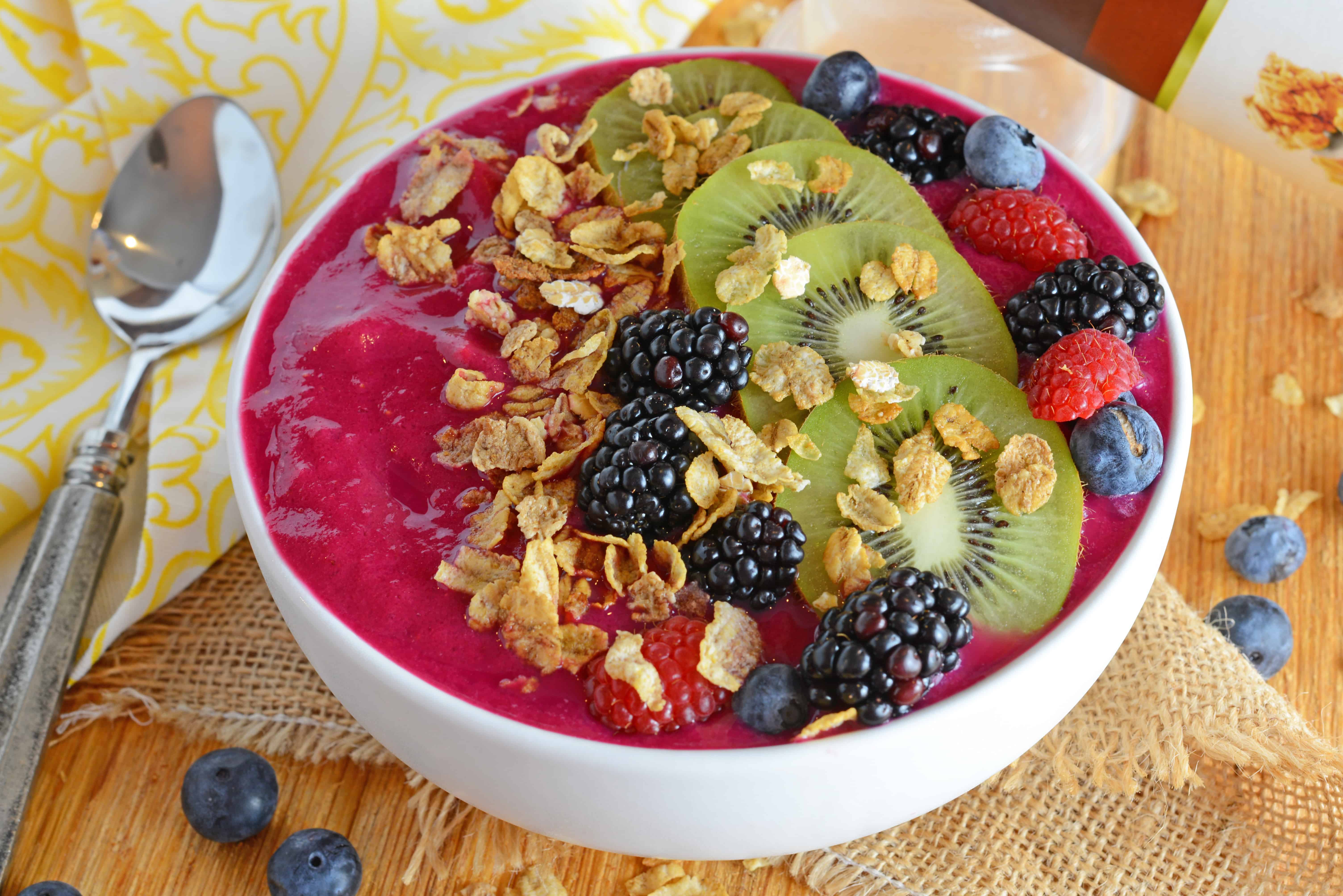 angle view of acai bowl with fruit