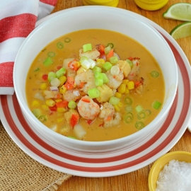 Thai Coconut Soup is an easy and healthy appetizer or entree using scallops, shrimp, vegetables and a red curry coconut broth. #thaicoconutsoup #thaiseafoodsoup www.savoryexperiments.com