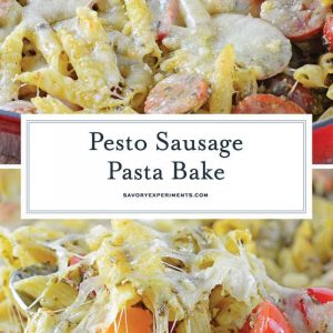 Pesto Sausage Pasta Bake is the perfect easy pasta dish! Creamy pesto sauce, pasta, smoked sausage and Italian cheese make this the ideal meal! #pastabake #bakedpastadishes #sausagepastabake www.savoryexperiments.com