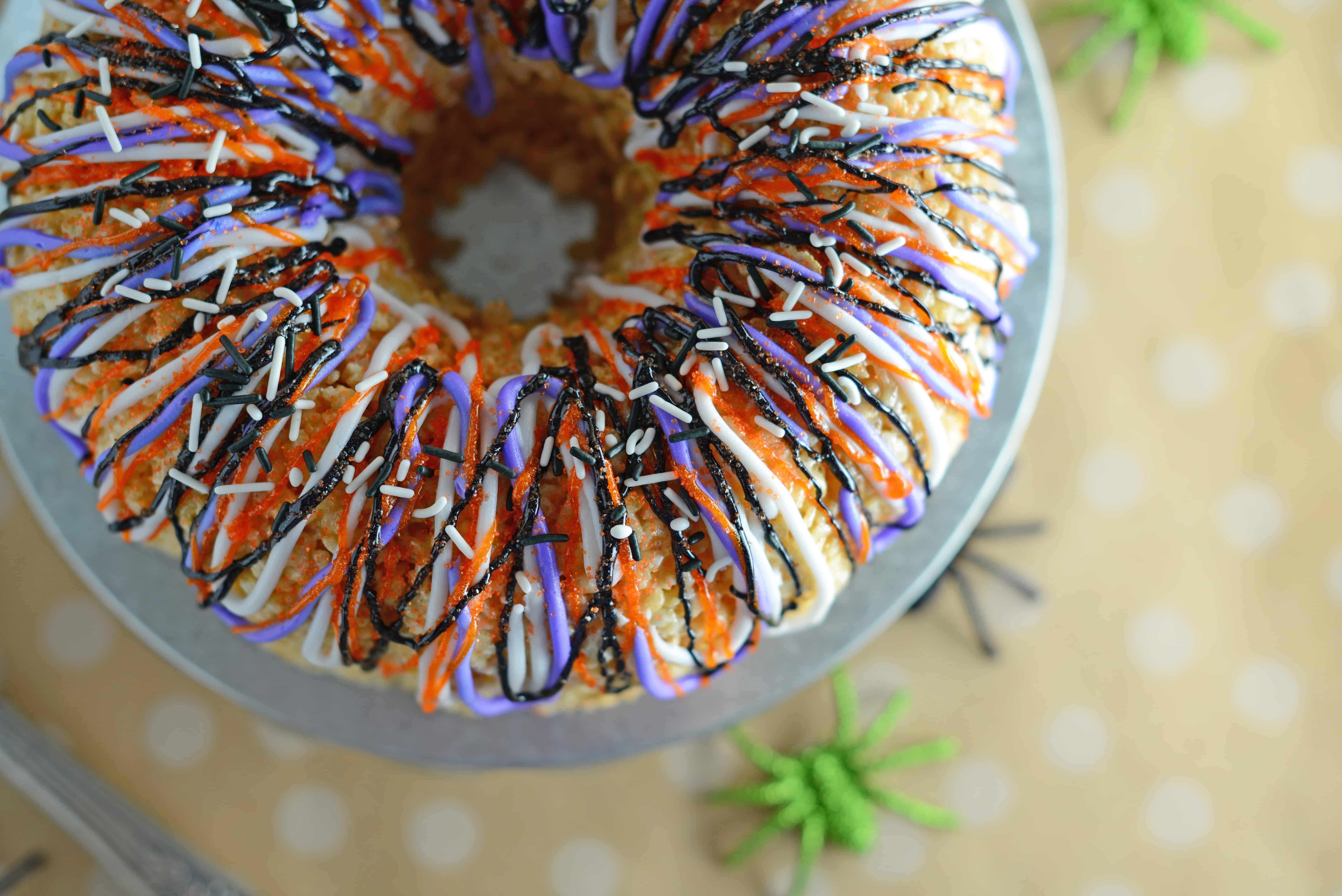 Halloween Rice Krispie Cake is stuffed with fluff! What better way to celebrate the holiday than with a giant homemade rice krispies treat?