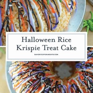Halloween Rice Krispie Treat Cake is stuffed with fluff! What better way to celebrate the holiday than with a giant homemade rice krispies treat? #halloweenricekrispietreats #ricekrispietreatcake #halloweensnacks www.savoryexperiments.com