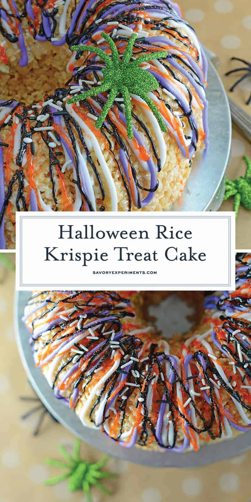 Halloween Rice Krispie Treat Cake is stuffed with fluff! What better way to celebrate the holiday than with a giant homemade rice krispies treat? #halloweenricekrispietreats #ricekrispietreatcake #halloweensnacks www.savoryexperiments.com