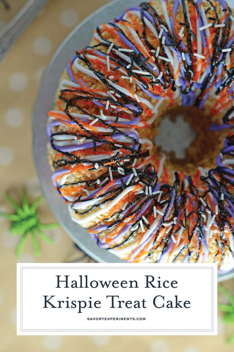 Halloween Rice Krispie Treat Cake is stuffed with fluff! What better way to celebrate the holiday than with a giant homemade rice krispies treat? #halloweenricekrispietreats #ricekrispietreatcake #halloweensnacks www.savoryexperiments.com