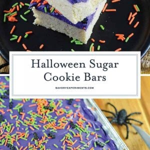 Halloween Sugar Cookie Bars are thick and chewy, frosted with a classic buttercream and topped with festive sprinkles. Perfect for the whole family! #sugarcookiebars #halloweendesserts #halloweensnacks www.savoryexperiments.com