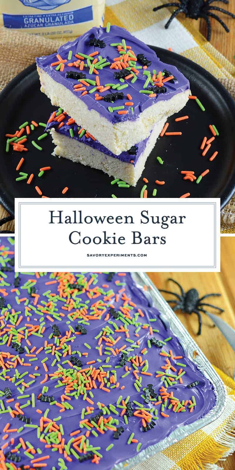 Halloween Sugar Cookie Bars are thick and chewy, frosted with a classic buttercream and topped with festive sprinkles. Perfect for the whole family! #sugarcookiebars #halloweendesserts #halloweensnacks www.savoryexperiments.com