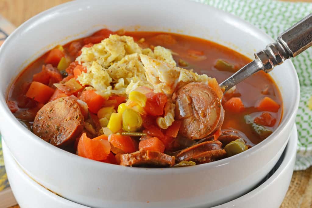 Spicy Crab and Sausage Soup is a quick, easy and flavorful appetizer or dinner recipes. Full of vegetables, sausage and crab, you can't go wrong!