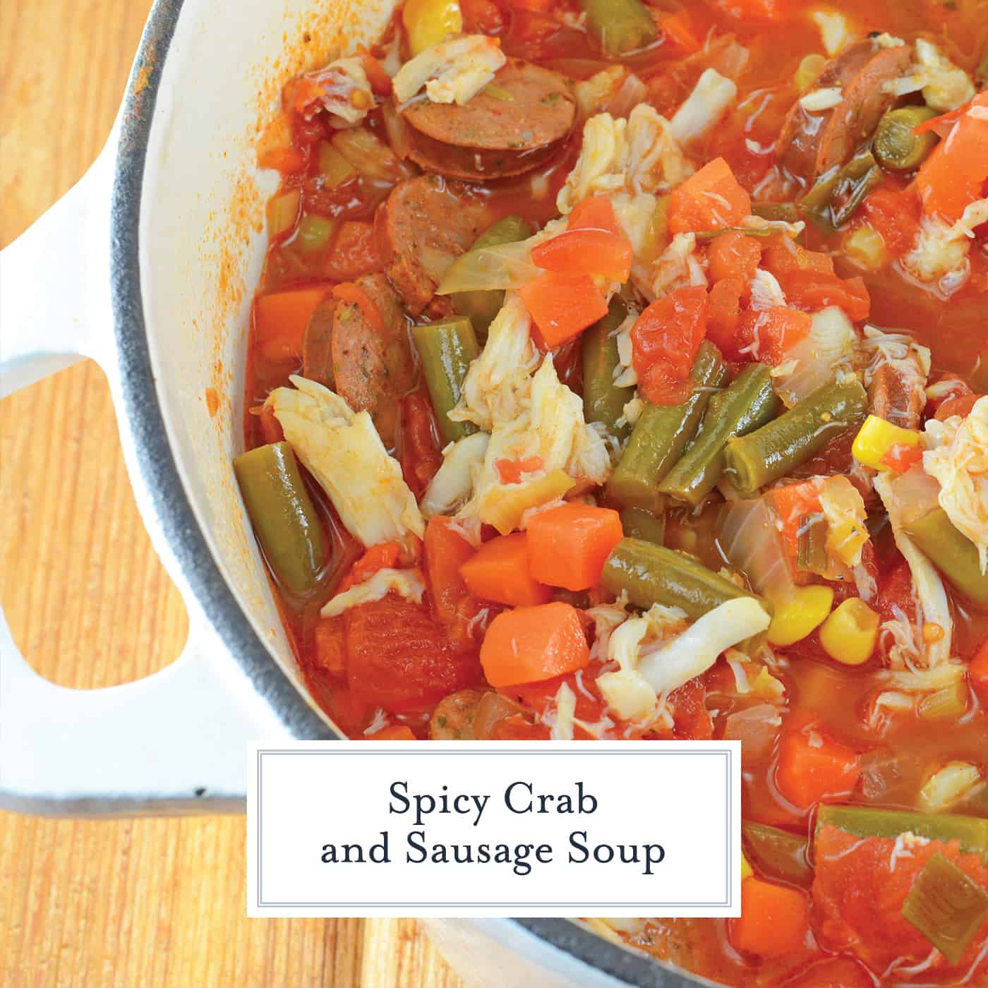 Spicy Crab and Sausage Soup is a quick, easy and flavorful appetizer or dinner recipe! Packed full of vegetables, sausage and crab, you can't go wrong! #crabsoup #sausagesoup #spicysouprecipes www.savoryexperiments.com