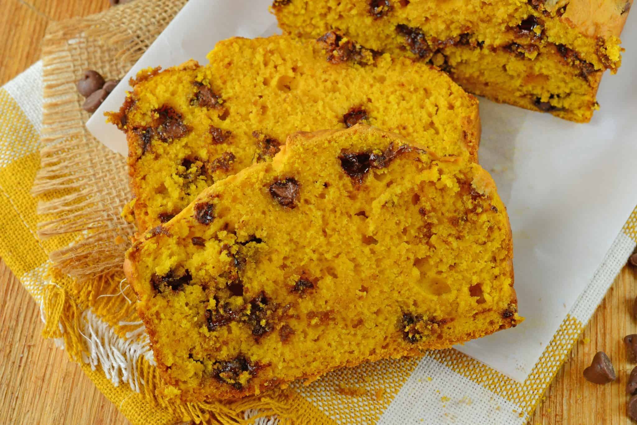 Chocolate Chip Pumpkin Bread is easy to make, soft and flavorful. A perfect loaf for breakfast or dessert!