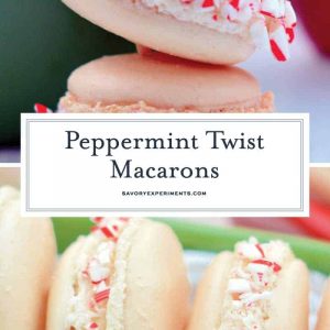 Peppermint Twist Macarons are an easy macaron recipe with a buttercream filling. Perfect recette macarons for Christmas cookies and holiday parties. #easymacaronrecipe #christmascookies www.savoryexperiments.com