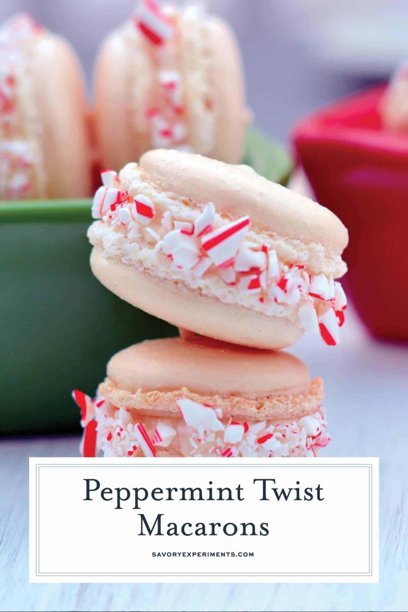 Peppermint Twist Macarons are an easy macaron recipe with a buttercream filling. Perfect recette macarons for Christmas cookies and holiday parties. #easymacaronrecipe #christmascookies www.savoryexperiments.com