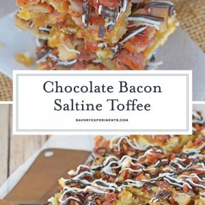 Chocolate Bacon Saltine Toffee is made up of crackers, bacon, and chocolate! So delicious, easy to make and the perfect addition to any holiday cookie tray! #saltinecrackertoffee #saltinetoffee #christmascrackrecipe www.savoryexperiments.com