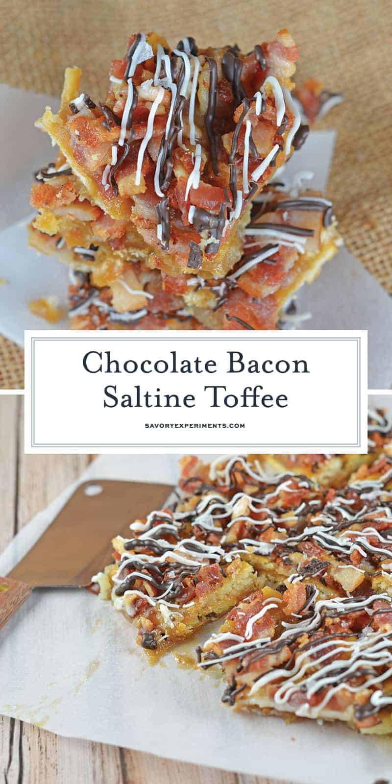 Chocolate Bacon Saltine Toffee is made up of crackers, bacon, and chocolate! So delicious, easy to make and the perfect addition to any holiday cookie tray! #saltinecrackertoffee #saltinetoffee #christmascrackrecipe www.savoryexperiments.com