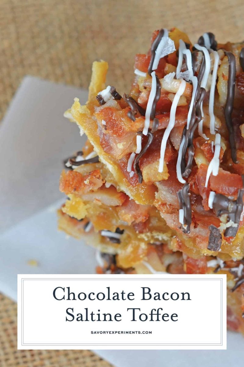 Chocolate Bacon Saltine Toffee is made up of crackers, bacon, and chocolate! So delicious, easy to make and the perfect addition to any holiday cookie tray! #saltinecrackertoffee #saltinetoffee #christmascrackrecipe www.savoryexperiments.com