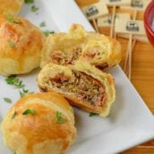 Mini Beef Wellington is one of the best party appetizers out there! Mini pieces of beef tenderloin seasoned with mushrooms, thyme, Dijon and prosciutto, all tucked into puff pastry.
