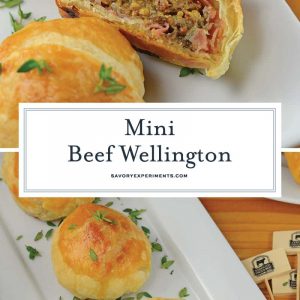 Mini Beef Wellington is one of the best party appetizers out there! Made up of mini pieces of beef tenderloin and seasonings inside flakey puff pastry! #minibeefwellington #individualbeefwellington #beefwellingtonrecipe www.savoryexperiments.com